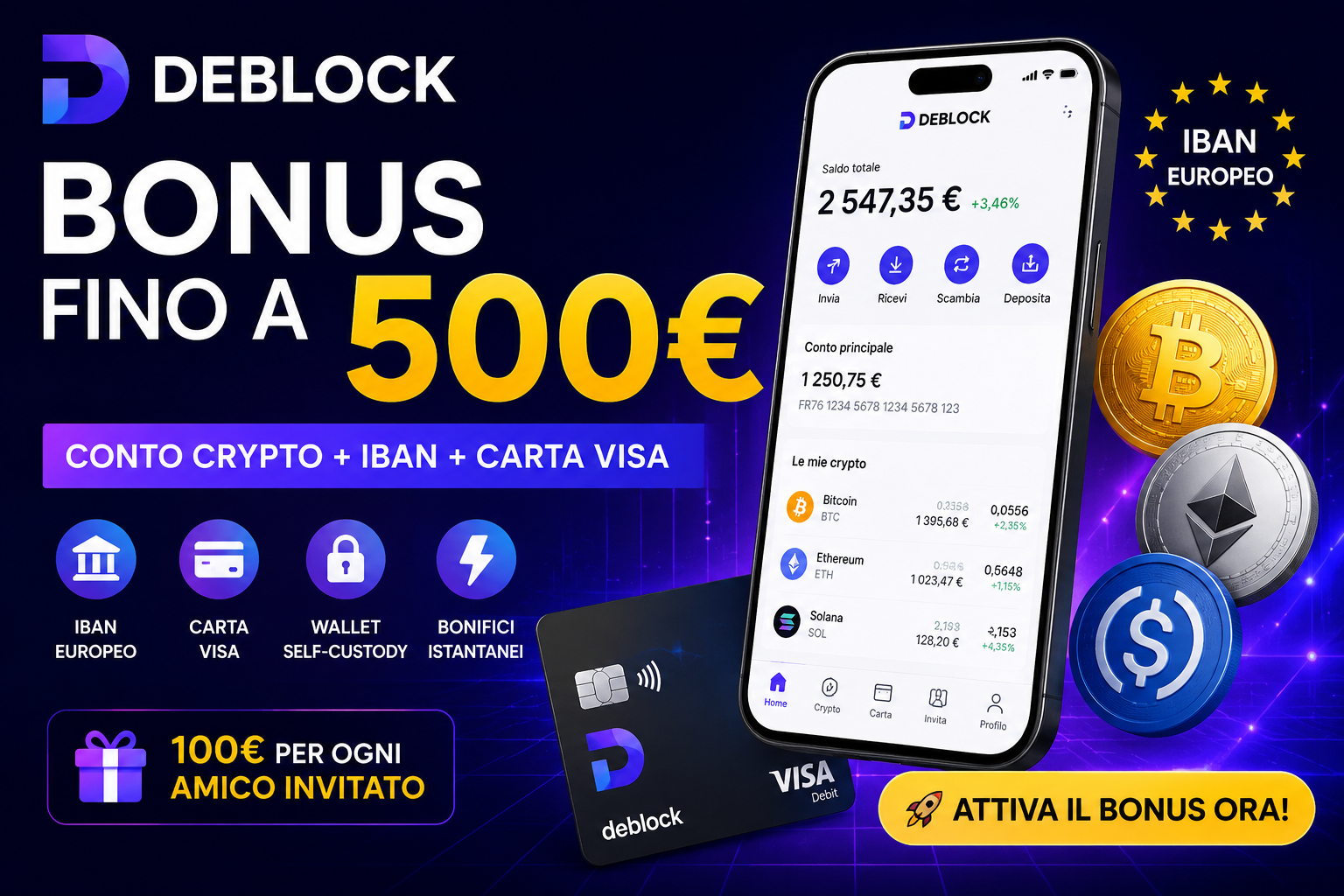 Bonus Deblock 2026 conto crypto con IBAN e carta Visa